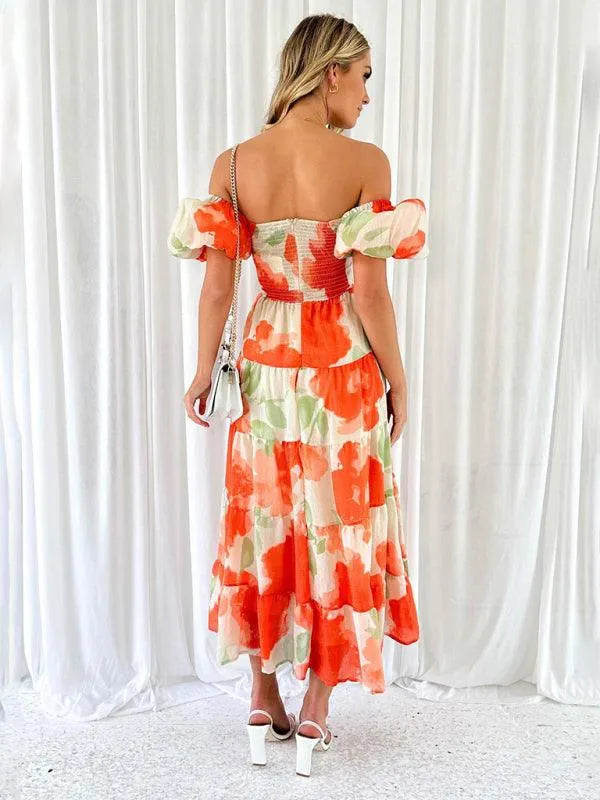 Printed Puff Sleeve Swing Summer Dress -Guocali