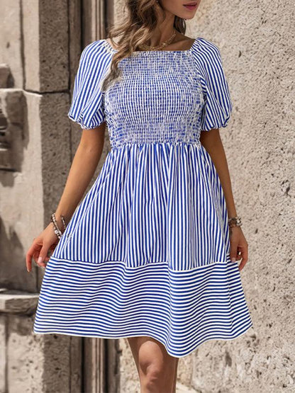 Puff Sleeve Striped Backless Dress - Backless Dress - Guocali