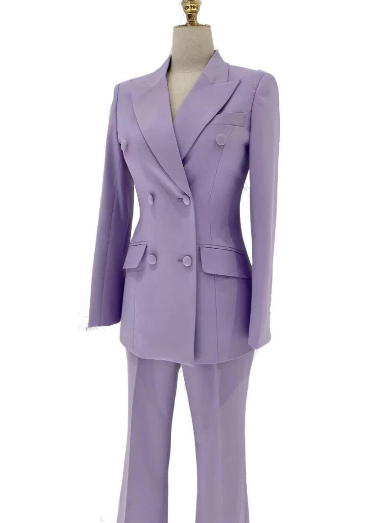 Purple Double-Breasted Suit - Women Flared Pantsuit - Pantsuit - Guocali