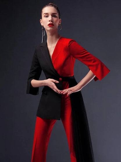 Red-Black Pantsuit With Detachable Veil - Women Trouser Suits - Trouser Suit - Pantsuit - Guocali
