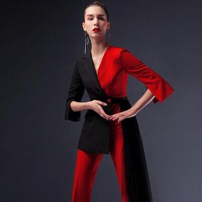 Red-Black Pantsuit With Detachable Veil - Women Trouser Suits - Trouser Suit - Pantsuit - Guocali