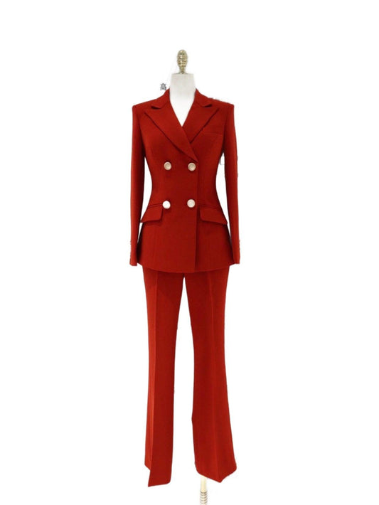 Red Double-Breasted Trouser Suit - Women Flared Pants Suit - Pantsuit - Guocali