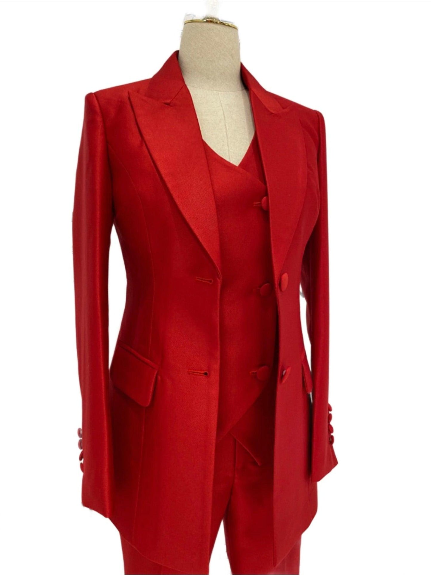 Red Three-piece Trouser Suit - Slim Fit Women Suit - Pantsuit - Guocali