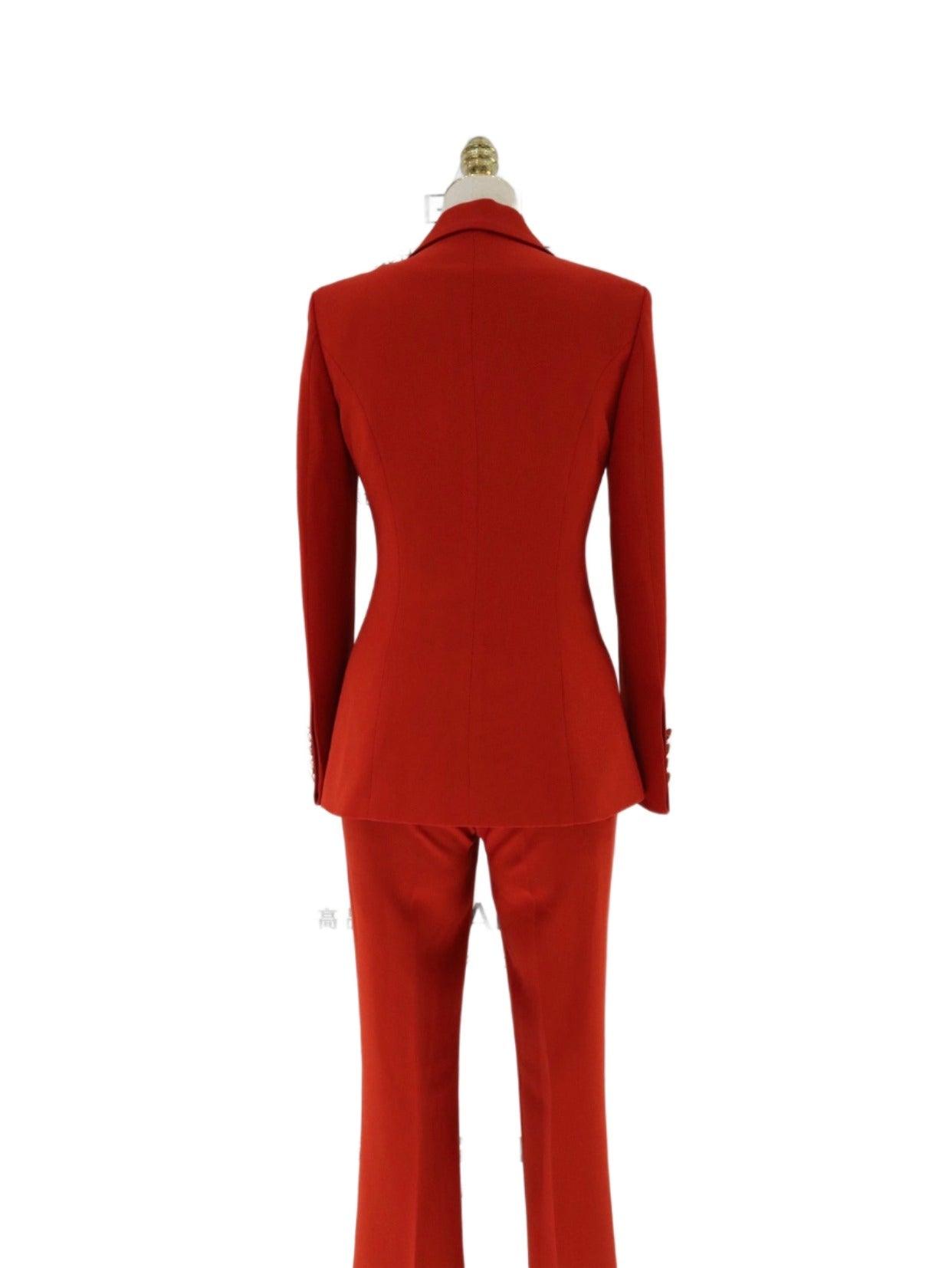 Red Three-piece Trouser Suit - Slim Fit Women Suit - Pantsuit - Guocali