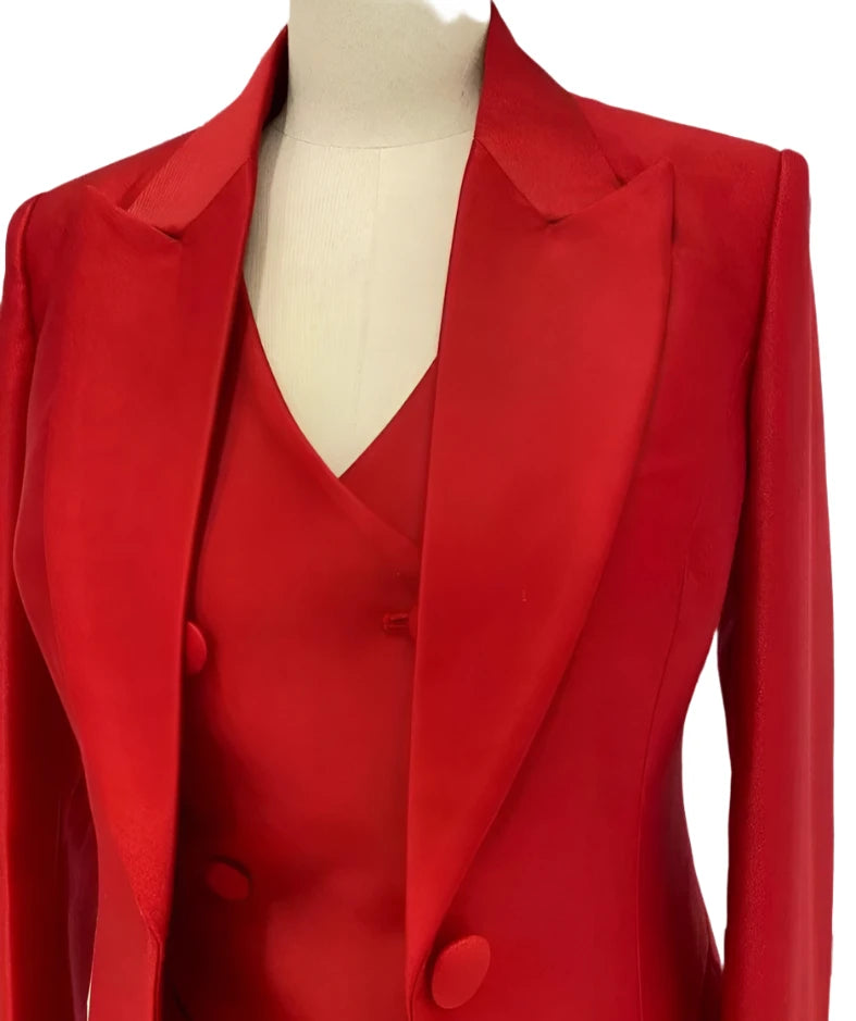 Red Three-piece Trouser Suit - Slim Fit Women Suit - Pantsuit - Guocali