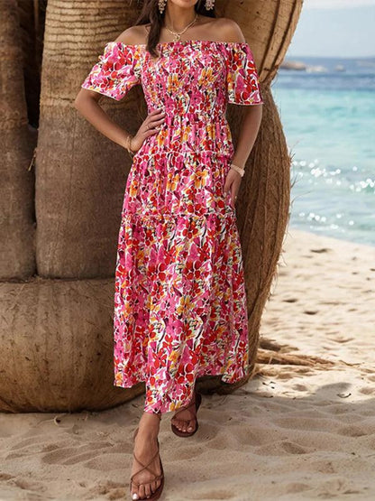 Resort Style off-Shoulder Printed Dress - One-Shoulder Dress - Guocali