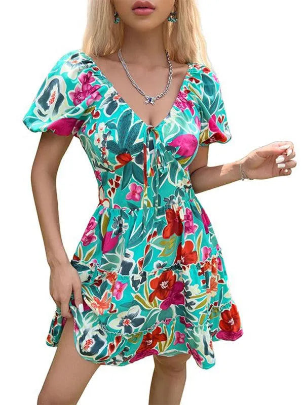 Ruffled V-Neck Smocked Printed Dress -Guocali