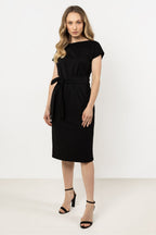 Short Sleeve Midi Dress – Boat Neck, A-Line, Tie Waist, Black – Daydress | GUOCALI – view 2