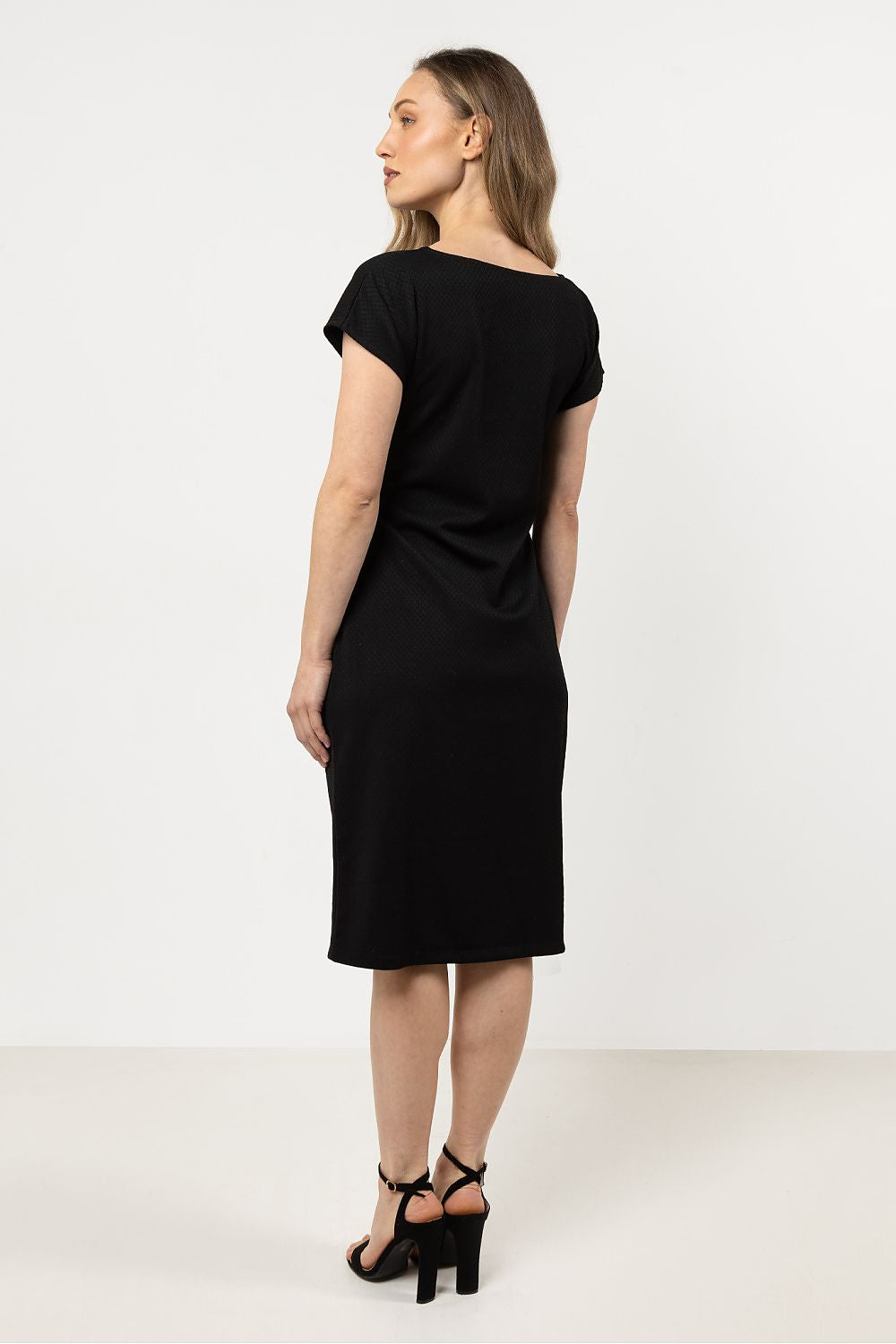 Short Sleeve Midi Dress – Boat Neck, A-Line, Tie Waist, Black – Daydress | GUOCALI – view 3