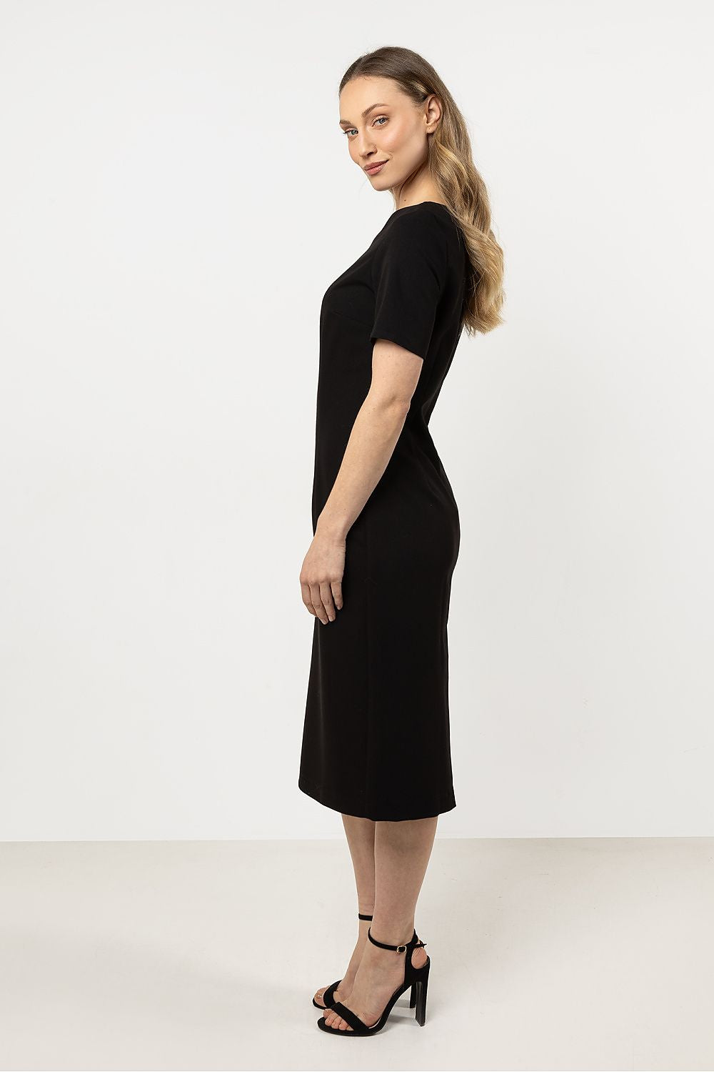 Short Sleeve Midi Dress – Boat Neck, Fitted Cut – Daydress | GUOCALI – view 12