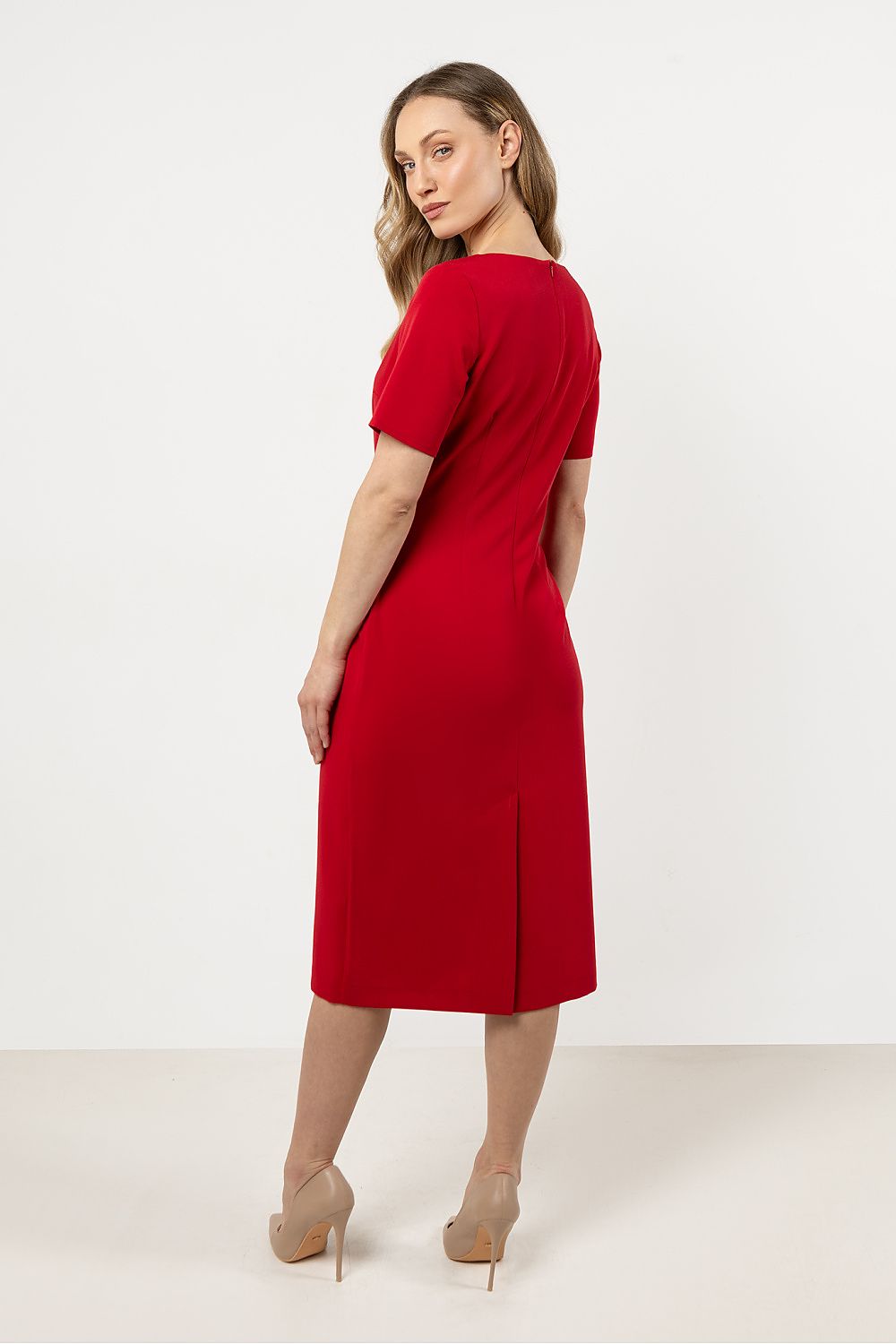 Short Sleeve Midi Dress – Boat Neck, Fitted Cut – Daydress | GUOCALI – view 3