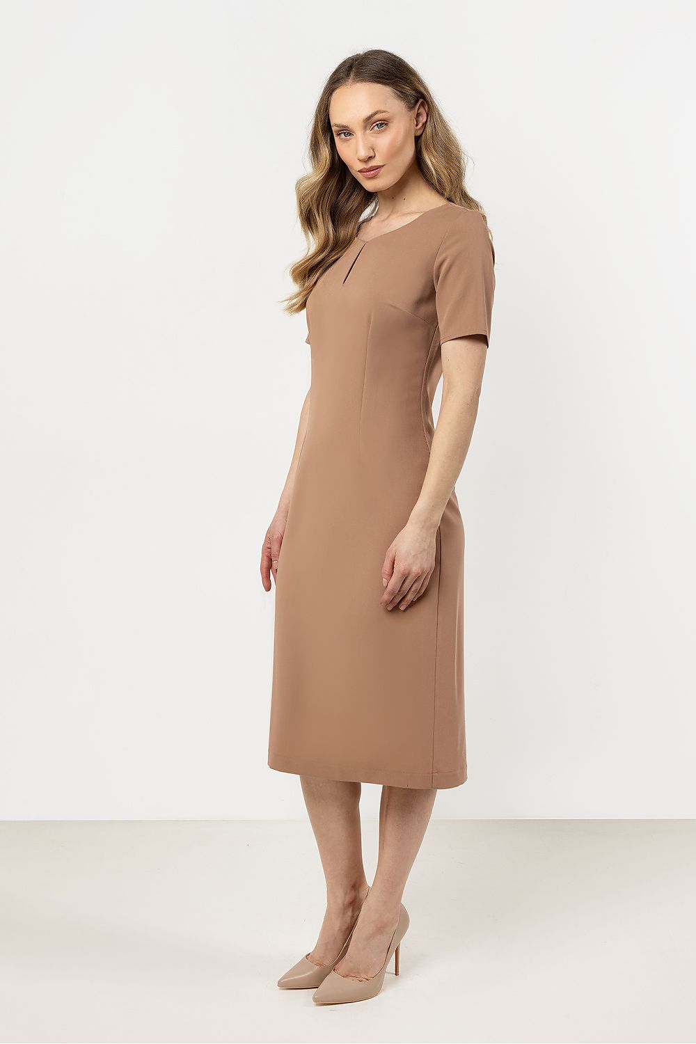 Short Sleeve Midi Dress – Boat Neck, Fitted Cut – Daydress | GUOCALI – view 5