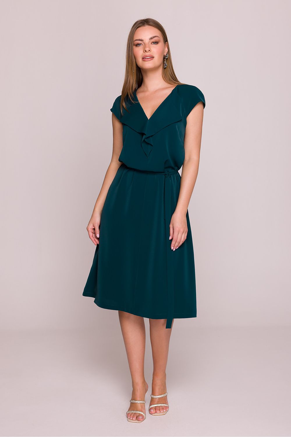 Short Sleeve Midi Dress – V-Neck, A-Line, Tie Waist – Daydress | GUOCALI