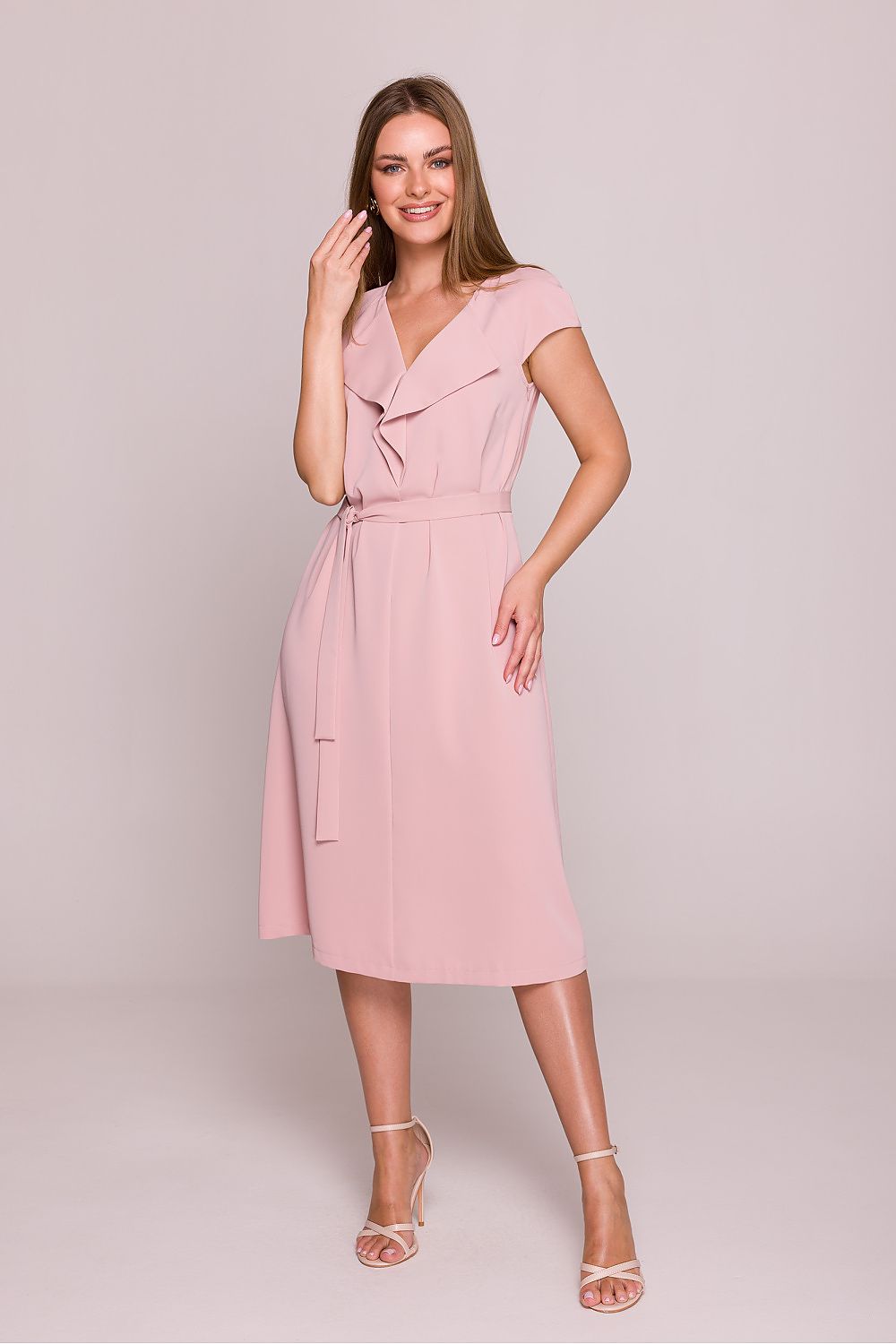 Short Sleeve Midi Dress – V-Neck, A-Line, Tie Waist – Daydress | GUOCALI – view 3