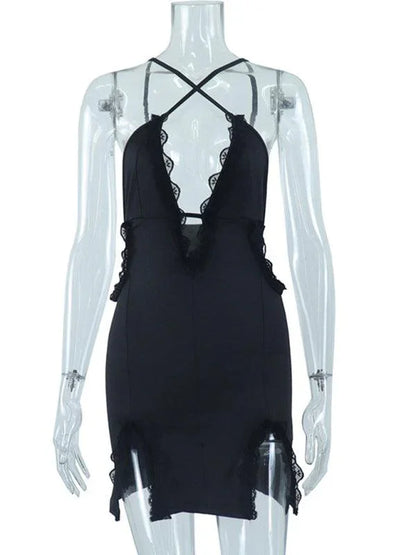 Sling Hollow Lace Splicing Hip Dress - Hip Dress - Guocali