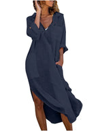 Solid color buttoned slit loose breathable casual long shirt dress-Padded Bra-GUOCALI