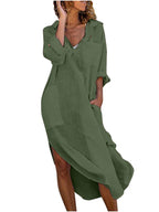 Solid color buttoned slit loose breathable casual long shirt dress-Padded Bra-GUOCALI