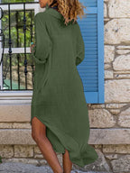 Solid color buttoned slit loose breathable casual long shirt dress-Padded Bra-GUOCALI