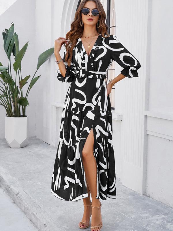 Holiday Casual Printed V-Neck Slit Dress