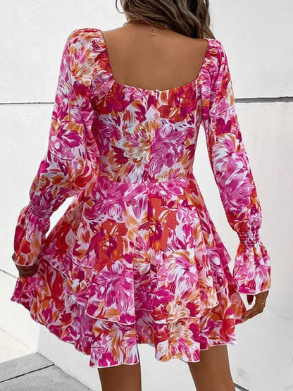 Square Neck Floral Ruffle Short Dress -Guocali