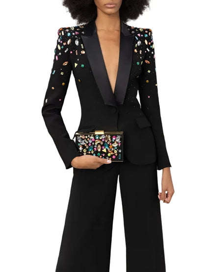 Strass Diamonds Beaded Blazer Pant Suit - Women Tuxedo Trouser Suit - Pantsuit - Guocali