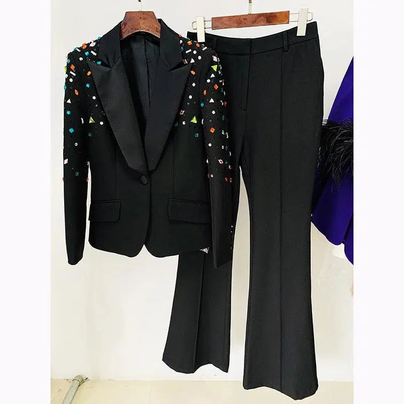 Strass Diamonds Beaded Blazer Pant Suit - Women Tuxedo Trouser Suit - Pantsuit - Guocali