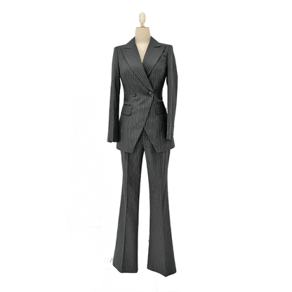 Striped Women Pant Suit - Grey Double Breasted Trouser Suit - Pantsuit - Guocali