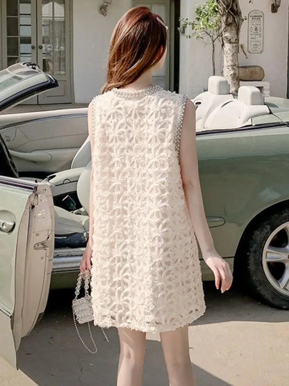 Studded Diamond V-Neck Lace Dress -Guocali