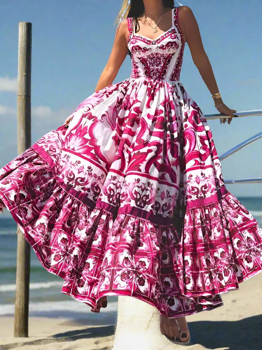 Stylish Printed Sleeveless Waist Swing Dress -Guocali
