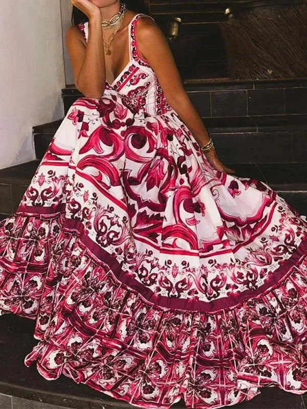 Stylish Printed Sleeveless Waist Swing Dress -Guocali