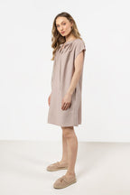 Summer Knee Length Dress – Collar, Relaxed Cut, Pockets, Brown – Daydress | GUOCALI – view 2
