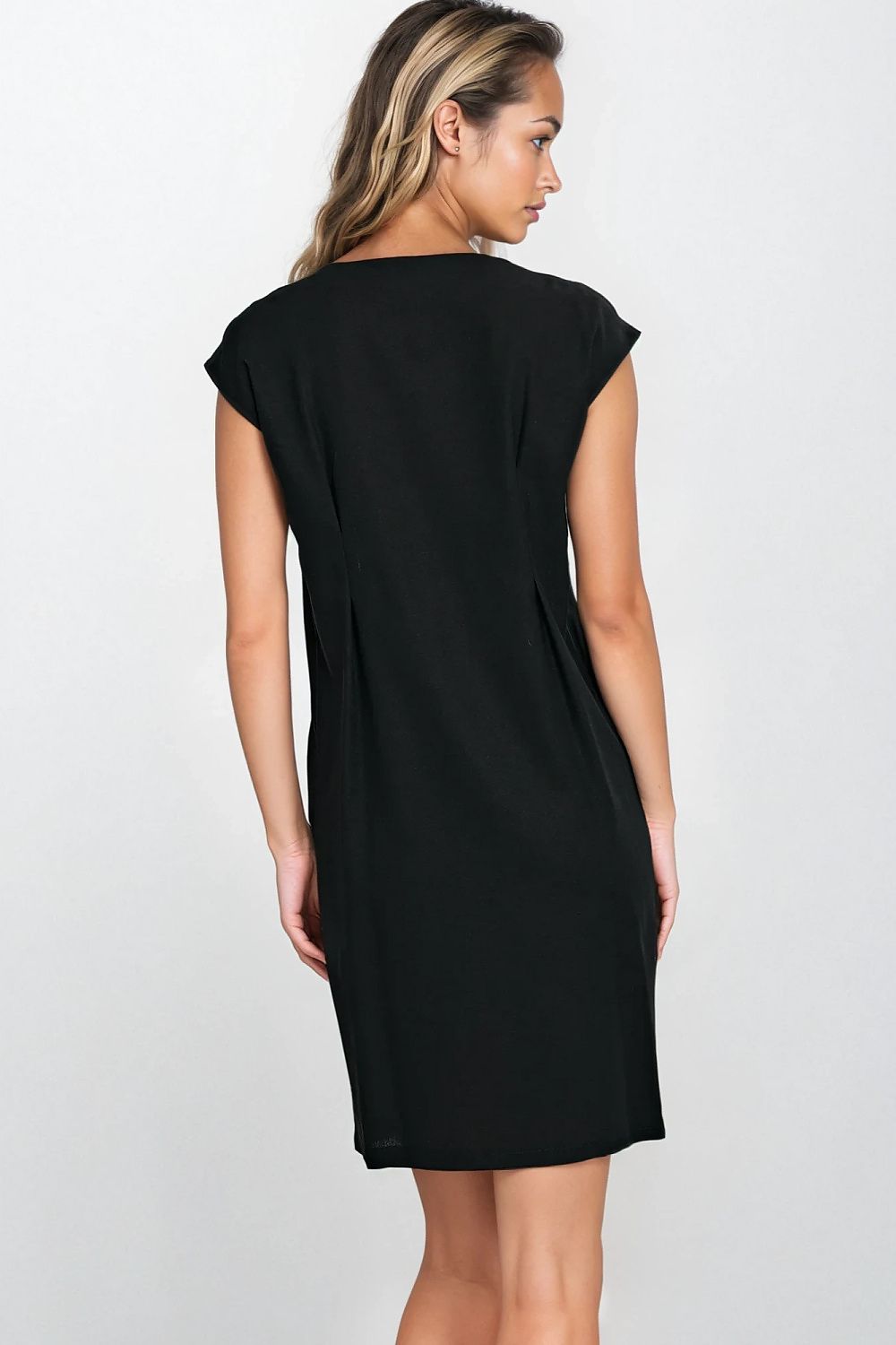 Summer Knee Length Dress – Round Neck, Relaxed Cut, Black – Daydress | GUOCALI – view 3