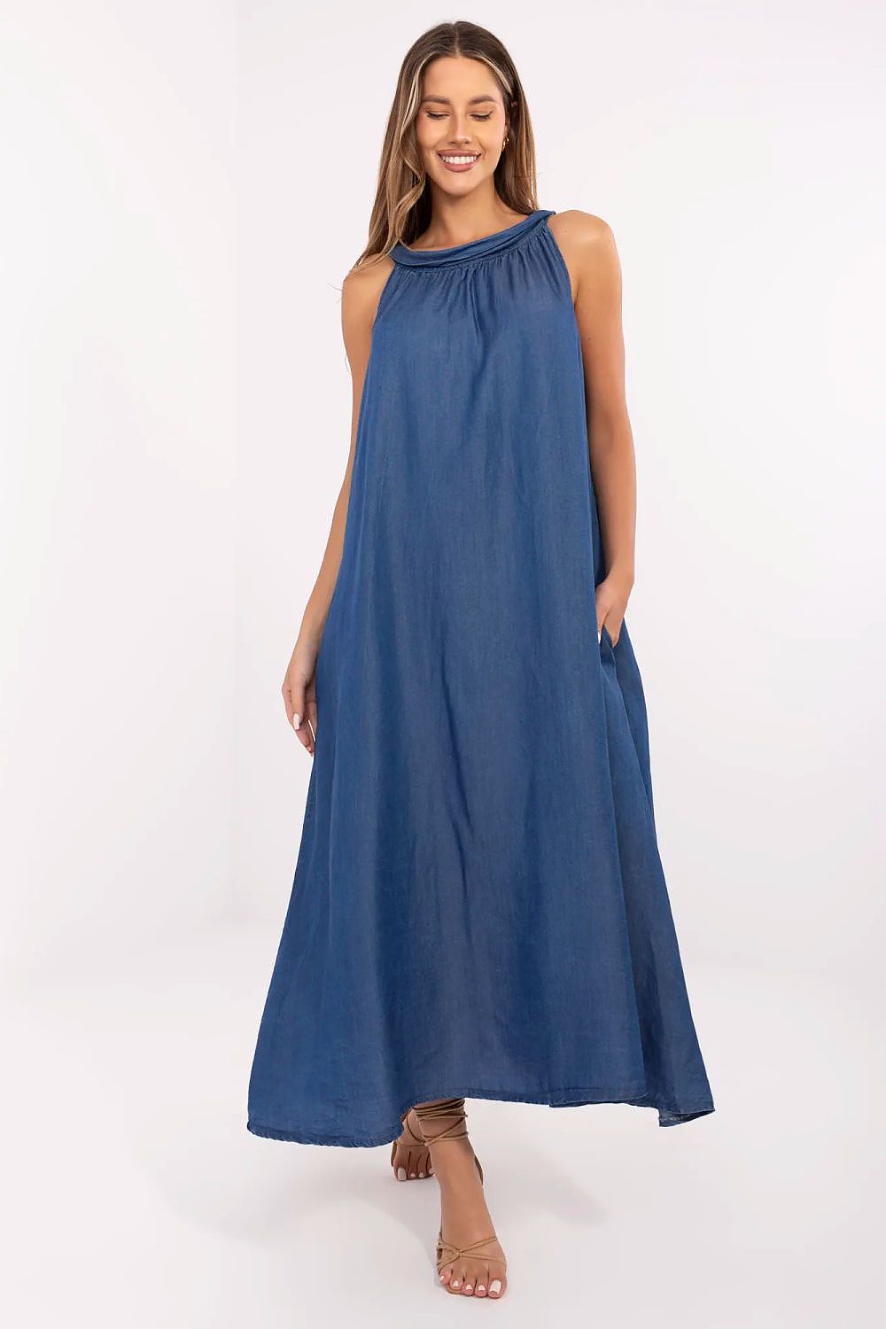 Summer Maxi Dress – Round Neck, Relaxed Cut, Pockets, Blue – Daydress | GUOCALI
