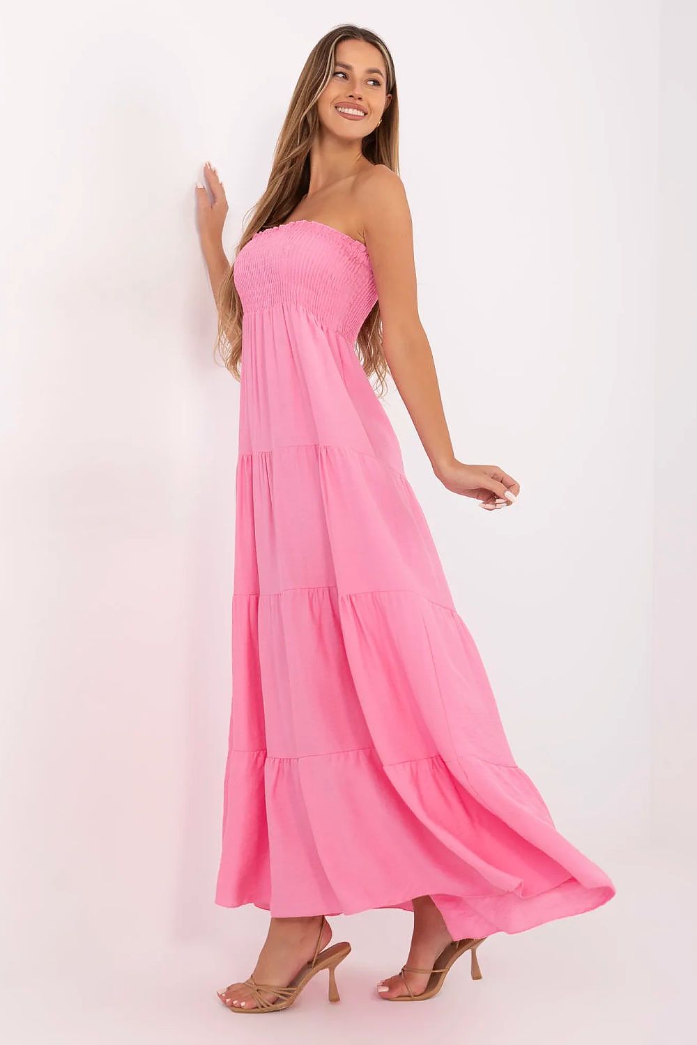 Summer Maxi Dress – Square Neck, A-Line, Ruffled Hem, Pink – Daydress | GUOCALI – view 2