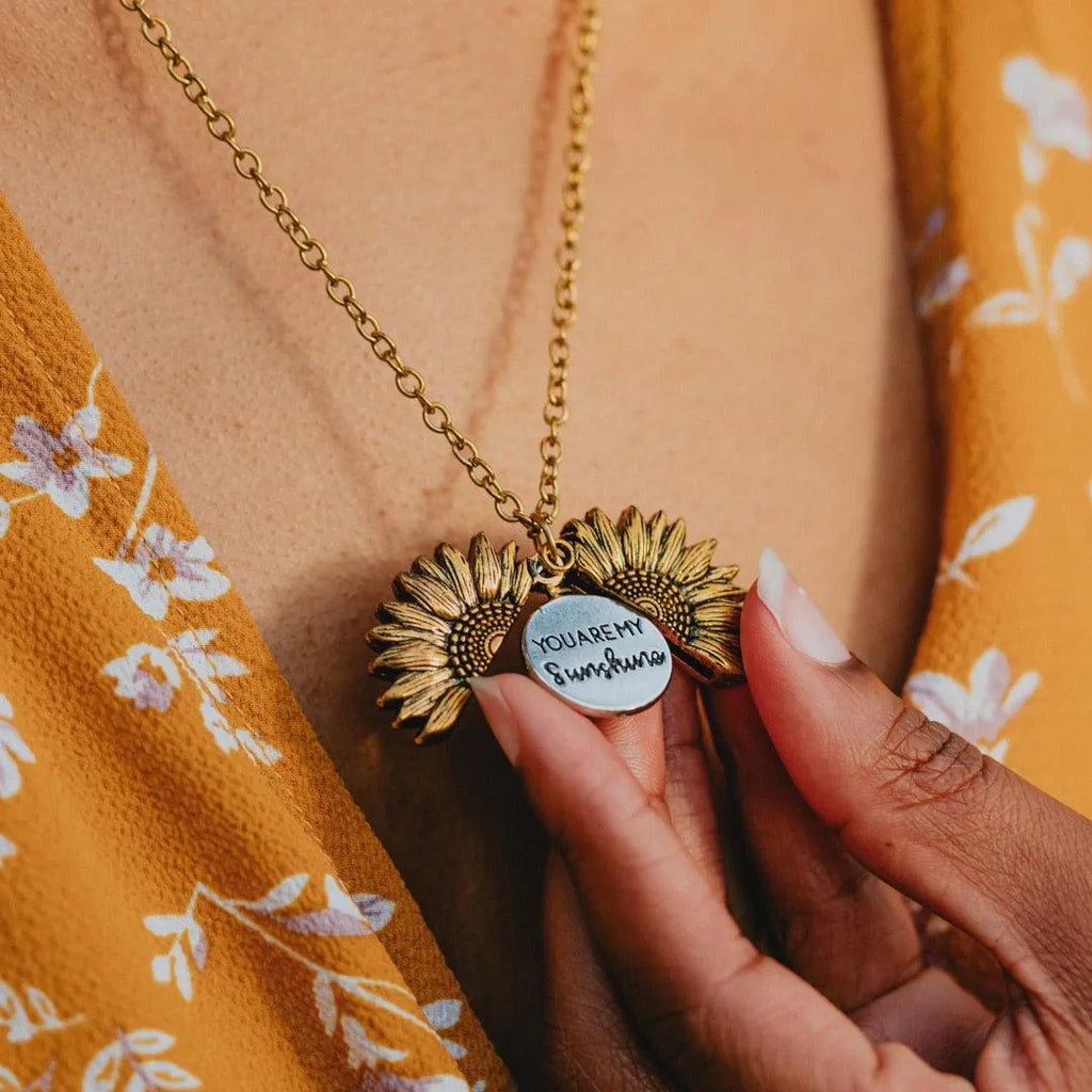 Sunflower Pendant Necklace - Engraved (You are my sunshine) -Guocali