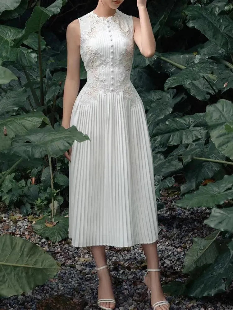 Sweet Long Pleated Lace Embroidery Dress -Guocali