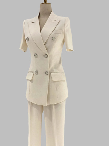 Thin Short Sleeved Women Pant Suit, Off-White, Black - Pantsuit - Guocali