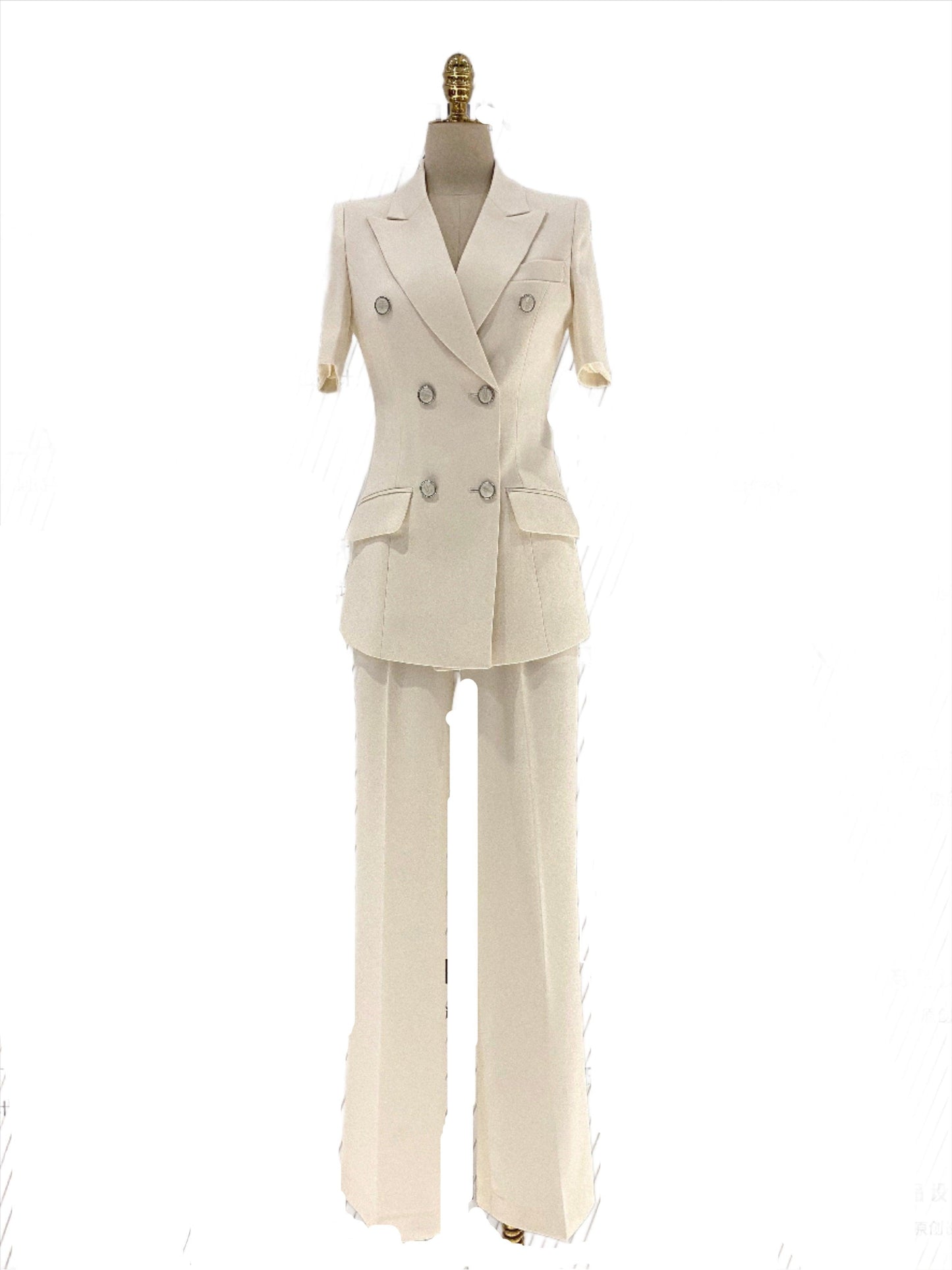 Thin Short Sleeved Women Pant Suit, Off-White, Black - Pantsuit - Guocali