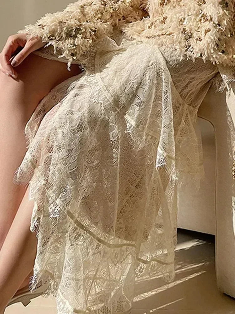 Tiered Skirt Women Lace Patchwork - A-Line Midi Women Skirt