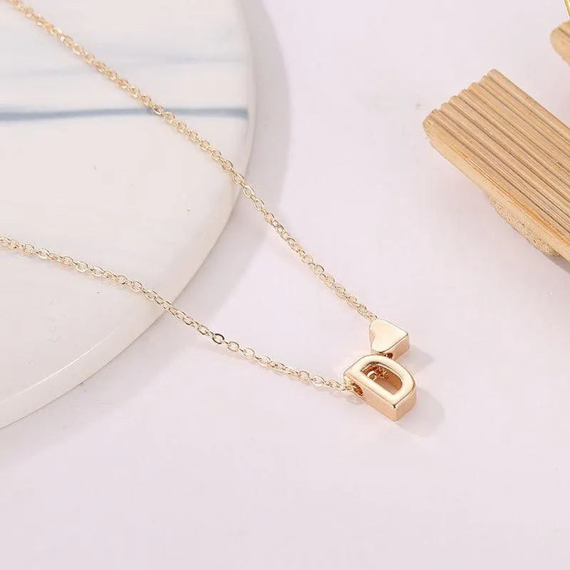 Tiny Heart and Initial Letter Pendant Necklace -Guocali