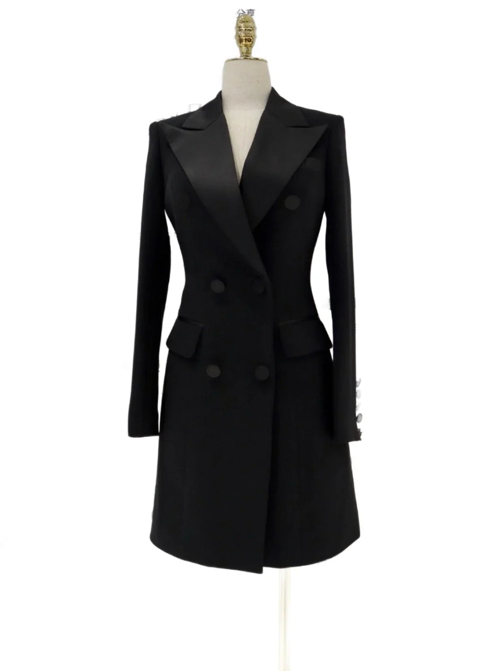 Tuxedo Blazer Dress – Satin Collar, Black – Blazer Dress | GUOCALI – view 2