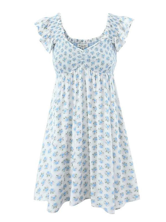 V-Neck Blue Floral Pleated Dress - Floral Dress - Guocali