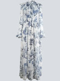 V-Neck Ink Print Vacation Pleated Dress -Guocali