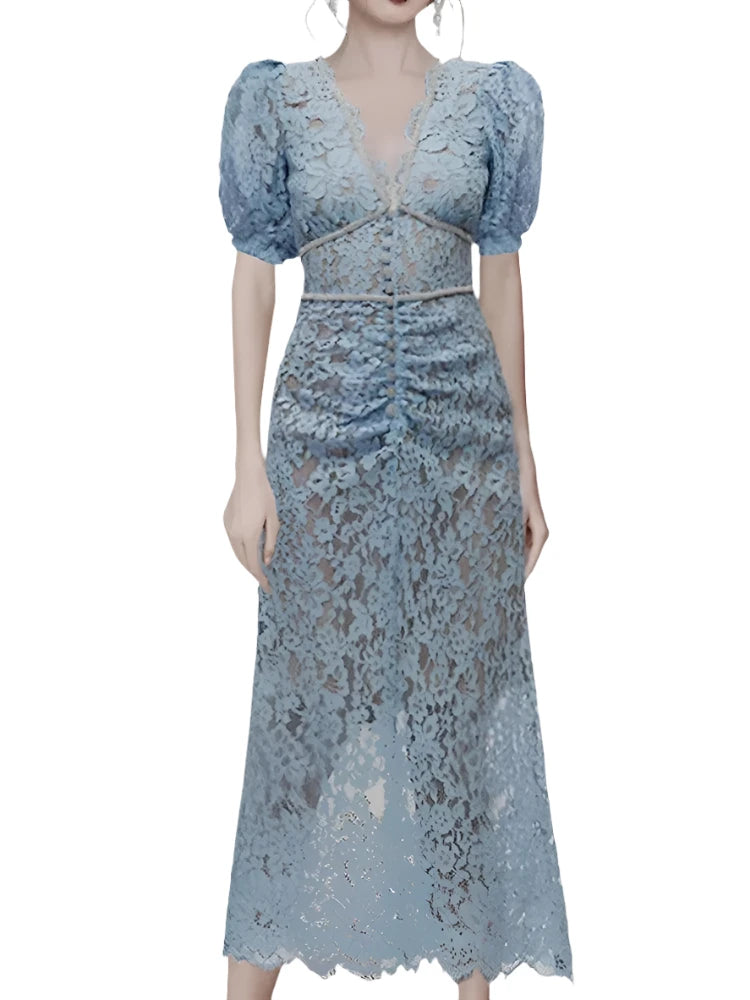 V-Neck Lace Beaded Dress - Long Dress - Guocali