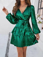 V-Neck Waisted Glossy Mini Dress -Guocali