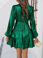 V-Neck Waisted Glossy Mini Dress -Guocali