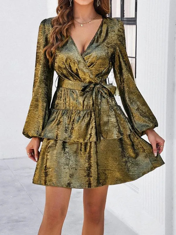 V-Neck Waisted Glossy Mini Dress -Guocali