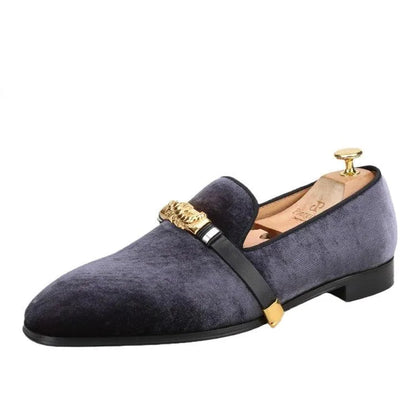 Velvet Men Loafers with Gold Metal Buckle - Men Shoes -Guocali