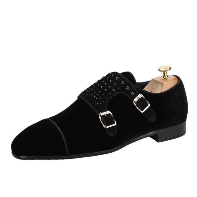 Velvet Monk-Strap Men Loafers With Crystals - Men Shoes - Loafer Shoes - Guocali