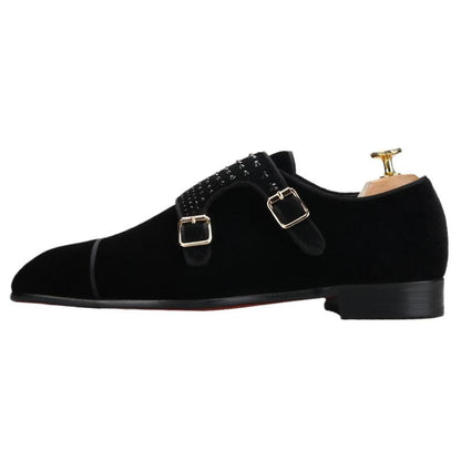 Velvet Monk-Strap Men Loafers With Crystals - Men Shoes - Loafer Shoes - Guocali